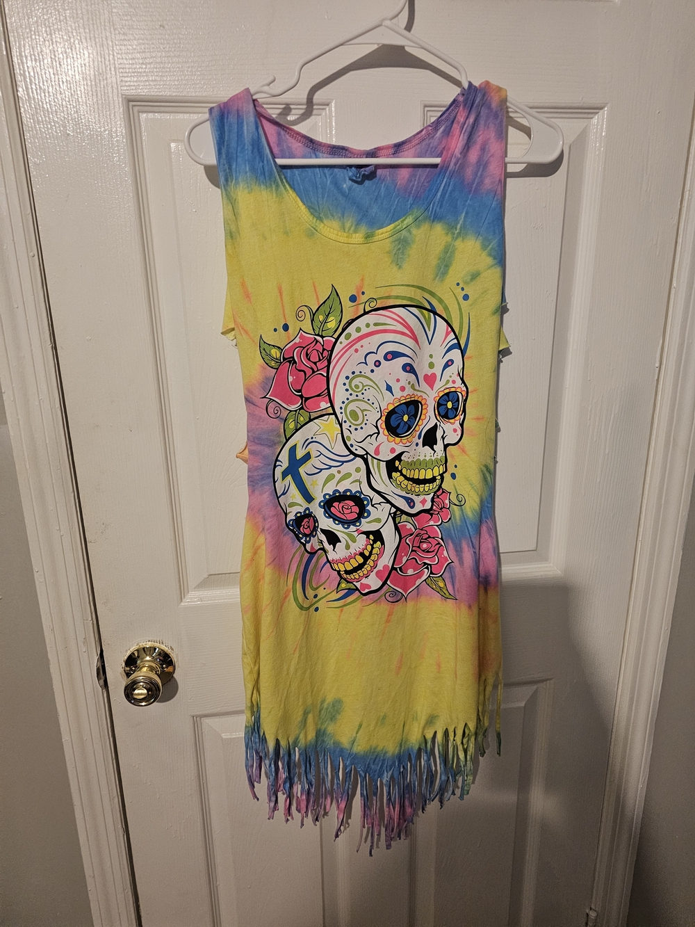 Tie-Dye Sugar Skull Fringe Tank Dress - Yellow Blue Pink